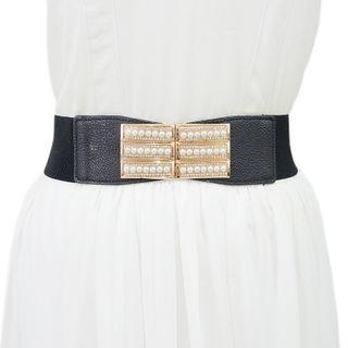 Beaded Buckled Elastic Belt Black - One Size