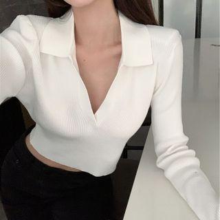 Collared Padded-shoulder Knit Crop Top