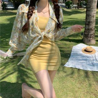 Floral Print Light Jacket / Spaghetti Strap Dress