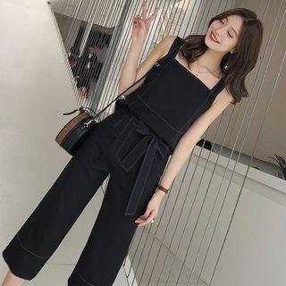 Set: Contrast Stitch Sleeveless Top + Cropped Wide Leg Pants