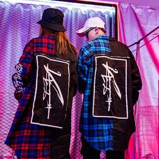 Couple Matching Plaid Panel Lettering Shirt