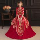 Set: 3/4-sleeve Phoenix Embroidered Chinese Wedding Cheongsam + Maxi Skirt