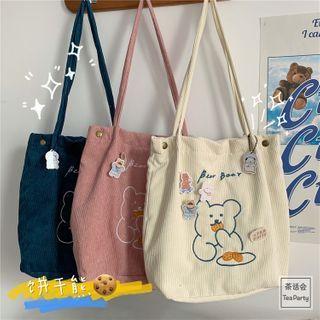 Bear Embroidered Corduroy Tote Bag