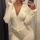 Long-sleeve Button-up Collared Knit Jumpsuit