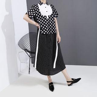 Dotted Short-sleeve Midi Shirt Dress Black - One Size