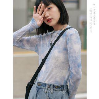 Long-sleeve Sheer T-shirt Blue & White - One Size