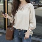 Tie-front Puff-sleeve Shirred Top