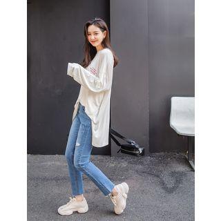 Plus Size Text Print Loose-fit Long-sleeve T-shirt