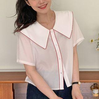 Short-sleeve Contrast Trim See-through Shirt White - One Size