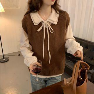 V-neck Knit Tank Top / Peter Pan Collar Long-sleeve Top