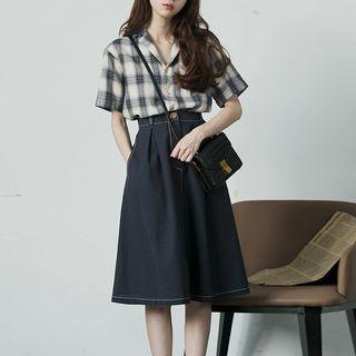 Set: Elbow-sleeve Plaid Shirt + Stitch Trim A-line Skirt