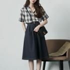 Set: Elbow-sleeve Plaid Shirt + Stitch Trim A-line Skirt
