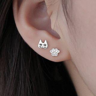 Asymmetrical Cat & Paw Ear Stud 1 Pair - Silver - One Size
