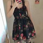 Spaghetti Strap Floral Print A-line Dress Red Floral - Black - One Size