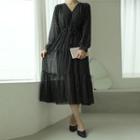V-neck Patterned Chiffon Long Tiered Dress
