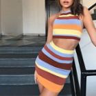 Set: Halter-neck Striped Knit Top + Mini Fitted Skirt
