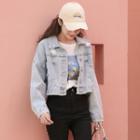 Ripped Buttoned Cropped Denim Jacket