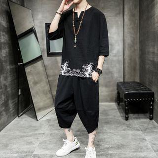 Set: Elbow-sleeve Sea Print Shirt + Harem Pants