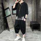 Set: Elbow-sleeve Sea Print Shirt + Harem Pants