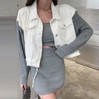 Set: Knit Panel Denim Jacket + Pencil Skirt