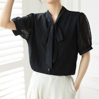 Puff Sleeve Bow Neck Chiffon Shirt