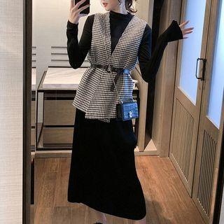 Long-sleeve Plain Top / Houndstooth Vest