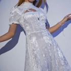 Short-sleeve Lace Trim Mini A-line Velour Dress