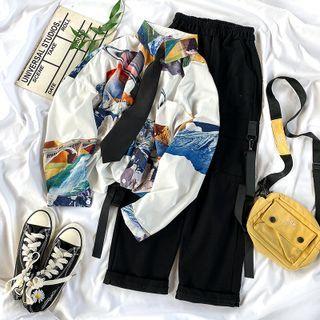 Print Shirt / Neck-tie / Wide-leg Pants
