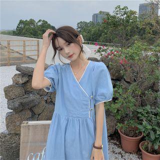 Puff-sleeve Frog Buttoned A-line Dress Light Denim Blue - One Size
