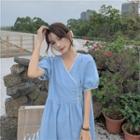 Puff-sleeve Frog Buttoned A-line Dress Light Denim Blue - One Size