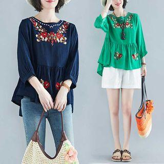 Flower Embroidered Elbow-sleeve Peplum Top