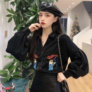 Embroidered Lantern-sleeve Shirt / Faux-leather A-line Skirt
