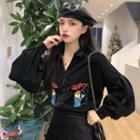 Embroidered Lantern-sleeve Shirt / Faux-leather A-line Skirt