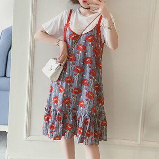 Set: Short-sleeve Top + Spaghetti Strap Floral Print Dress