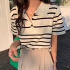 Short-sleeve Striped Polo Shirt Beige - One Size