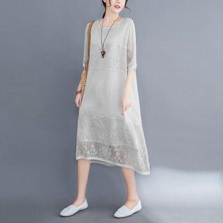 Elbow-sleeve Floral Lace Midi Shift Dress