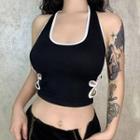 Halter-neck Contrast-trim Cut-out Crop Tank Top