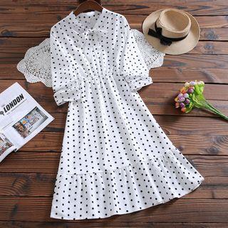 Tie-neck Dotted Midi A-line Dress