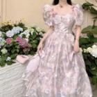 Short-sleeve Floral Midi Corset Dress Dress - Floral - Purple - One Size