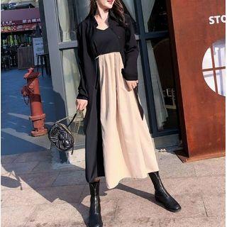 Set: Long-sleeve Plain Shirt + Spaghetti Strap Dress
