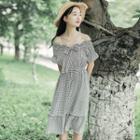 Check Off-shoulder Short-sleeve A-line Midi Dress