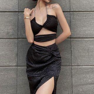 Set: Spaghetti Strap V-neck Halter Camisole Top + High-waist Side-slit Midi A-line Skirt