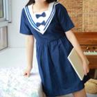 Sailor Collared Short-sleeve A-line Dress Navy Blue - One Size
