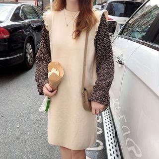 Long-sleeve Floral Print Panel Knit Mini Dress