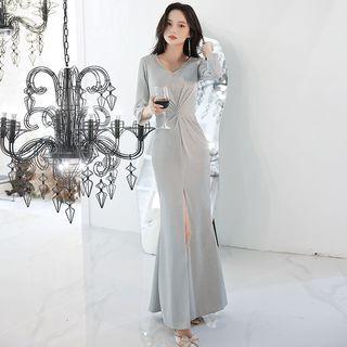 3/4-sleeve V-neck Slit Mermaid Evening Gown