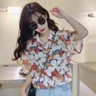Elbow-sleeve Floral Print Chiffon Shirt As Shown In Figure - One Size