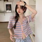 Short-sleeve V-neck Zip-up Striped Crop Top