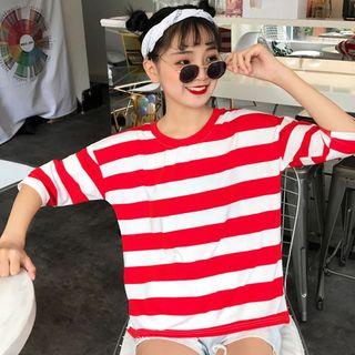 Elbow-sleeve Split-hem Striped T-shirt
