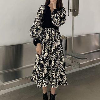 Long-sleeve Floral Mock Two Piece Midi A-line Dress