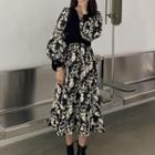 Long-sleeve Floral Mock Two Piece Midi A-line Dress